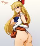 aino_minako ass bishoujo_senshi_sailor_moon blonde_hair blue_eyes breasts exposed_breasts gloves leotard looking_back mina_cream minacream minako_aino partially_clothed sailor_venus serafuku skirt skirt_lift