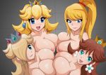 4girls big_breasts breast_press from_above looking_at_viewer metroid nintendo presenting princess_daisy princess_peach princess_rosalina rosalina samus_aran shablagooo super_mario_bros. viewed_from_above yuri