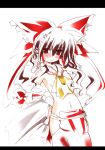  1girl anger_vein annoyed ascot blush bow brown_eyes brown_hair cravat dress female frown hair_ribbon hair_tubes hakurei_reimu hands_on_hips long_hair midriff naked_necktie navel red_dress reimu_hakurei ribbon shirogane shirogane_(platinum) solo touhou 