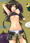  1girl blush breasts brown_hair comic eating final_fantasy final_fantasy_vii final_fantasy_vii_advent_children food headband lying nipples open_fly panties pillow shirt_lift short_hair shorts solo underwear unzipped vincent_valentine white_panties yellow_eyes yuffie_kisaragi 