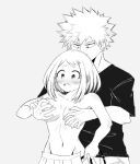 1boy 1girl bakugou_katsuki blush boku_no_hero_academia breast_grab breasts grabbing_from_behind grchloex groping groping_from_behind kacchako male/female monochrome my_hero_academia nipples surprised uraraka_ochako