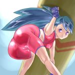 1girl ass battle_girl_(pokemon) bent_over bike_shorts blue_eyes blue_hair breasts cameltoe erect_nipples fingerless_gloves gloves hips kneepits knees legs long_hair midriff nintendo npc npc_trainer otsukare pokemon ponytail purple_eyes shinobu_(pokemon) shiny shiny_clothes skin_tight small_breasts solo tight wide_hips