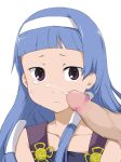  1girl bad_id bangs blue_hair blunt_bangs censored close-up cum ejaculation facial flat_chest frown hair_tubes hairband hentai_(1985) hentai_(pixiv4694) kannagi long_hair lowres nagi penis purple_eyes simple_background solo_focus white_background 