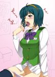  bathroom blush brown_eyes green_hair headset heavy_breathing idolmaster inue_shinsuke jingai_makyou_club kotori_otonashi microphone otonashi_kotori panties panty_pull red_eyes saliva saliva_trail short_hair sitting thighhighs toilet tongue underwear 