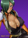 1girl allelujah_haptism belluch blush breasts cleavage dark_skin genderswap green_hair grey_eyes gundam gundam_00 hair_over_one_eye huge_breasts konnyakuyukko open_mouth pilot_suit rule_63 saliva solo