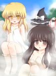  black_hair blonde_hair female flat_chest hakurei_reimu hat japanese_clothes kirisame_marisa long_hair marisa_kirisame miko nipples nude onsen reimu_hakurei ry touhou witch_hat yellow_eyes yin_yang 