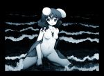  animal_ears bad_id bunny_ears female inaba_tewi kneeling kyuu monochrome nude short_hair solo tewi_inaba touhou water waves 