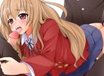 1girl 2boys aisaka_taiga bad_id blush brown_eyes brown_hair censored cum ejaculation fellatio group_sex kittychan kittychan_(pixiv) long_hair multiple_boys oral penis pointless_censoring ribbon ribbons sex solo solo_focus spitroast taiga_aisaka thighhighs tongue toradora!