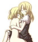 2girls alice_margatroid back bare_back bare_shoulders blush cfnf closed_eyes clothed_female_nude_female female hair hand_on_another's_head hand_on_head happy hug hugging kirisame_marisa long_hair marisa_kirisame multiple_girls mutual_yuri nude open_mouth sakuraba_yuuki short_hair simple_background smile touhou white_background yuri