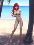 1girl 1girl 1girl apegrixs barefoot beach big_breasts blue_sky breasts completely_nude day erza_scarlet fairy_tail fanart_from_deviantart feet female_only female_pubic_hair female_solo full_body leaf long_hair looking_at_viewer navel nipples nude ocean outside palm_tree pubic_hair pussy red_hair sky tattoo third-party_edit tree uncensored water