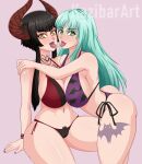  1girl 2_girls alluring artist_name bat_print big_breasts bikini black_hair capcom darkstalkers eliza_(tekken) fangs female_only french_kiss green_eyes green_hair high_res horns kazibar long_hair looking_at_viewer morrigan_aensland namco neck_tattoo pink_background pubic_hair_peek red_lipstick slit_pupils succubus tattoo tekken tekken_7 thick_thighs vampire yellow_eyes yuri 