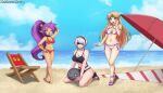 3_girls :d alluring artist_name bangs barefoot beach beach_chair beach_mat beach_umbrella big_breasts bikini black_bikini black_blindfold black_hairband blindfold blonde_hair blue_eyes blue_sky bracer breasts cleavage cloud commission covered_eyes crossover day earrings emil_(nier) forehead_jewel grey_hair hair_ornament hairband hand_up heart heart_hair_ornament high_ponytail high_res hoop_earrings jewelry legs long_hair looking_at_viewer medium_breasts multi-strapped_bikini multiple_crossover multiple_girls navel nier:_automata nier_(series) nintendo open_mouth parted_bangs parted_lips patdarux pointy_ears princess_zelda purple_hair red_bikini red_umbrella sand shantae shantae_(character) shantae_(series) shiny shiny_skin shore short_hair sky slippers smile square_enix squid_baron stomach super_smash_bros. swimsuit the_legend_of_zelda thighs triforce umbrella very_long_hair wayforward white_bikini yorha_no._2_type_b zelda_(a_link_between_worlds)