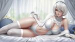 1girl alluring big_breasts breasts bride cleavage feet hair_over_one_eye legs leotard nier:_automata nier_(series) sciamano240 square_enix stockings underwear white_hair white_legwear white_theme yorha_no._2_type_b