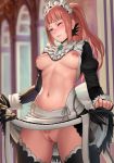 1girl apron blue_eyes blush breasts center_opening dress dress_lift embarrassed erect_nipples felicia_(fire_emblem) felicia_(fire_emblem_if) fire_emblem fire_emblem_fates fire_emblem_if lasterk long_hair maid maid_apron maid_headdress medium_breasts nipples one_eye_closed pink_hair ponytail pubic_hair pussy pussy_juice solo_focus standing stockings tied_hair uncensored uncensored_vagina