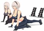  2_girls alluring android big_breasts black_footwear black_headband black_pants blue_eyes blue_pants breasts determined exercise expressionless headband long_hair mole mole_under_mouth multiple_girls nier:_automata nier_(series) pants ryu_seung shoes short_hair sneakers square_enix thighs weights white_background white_hair yoga_pants yorha_no._2_type_b yorha_type_a_no._2 