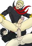  2boys anal ass black_hair blonde_hair brown_eyes clothed_sex erection male_focus multiple_boys penis persona persona_5 ren_amamiya ryuji_sakamoto sex szadek testicles wince yaoi 