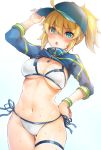 1girl artoria_pendragon ass_visible_through_thighs baseball_cap bikini blonde_hair blue_eyes breasts cleavage cropped_jacket fate/grand_order fate_(series) hair_through_headwear hand_on_hip hat large_breasts looking_at_viewer mysterious_heroine_x navel open_mouth ponytail shrug_(clothing) side-tie_bikini simple_background swimsuit teeth thigh_gap thighlet upper_teeth white_background white_bikini