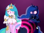 1girl 2016 anthro areola big_breasts blue_fur breast_size_difference breasts clothed clothing crown cutie_mark disembodied_hand dr._chaos dress drooling equine feathered_wings feathers friendship_is_magic fur furry glowing glowing_eyes hair horn horse mammal mind_control multicolored_hair my_little_pony nipples open_mouth partially_clothed pony princess_celestia princess_celestia_(mlp) princess_luna princess_luna_(mlp) saliva simple_background slit_dress standing tiara tongue white_fur winged_unicorn wings