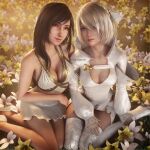  2_girls 3d alluring alternate_costume bare_legs big_breasts black_hair blonde_hair blue_eyes breasts cleavage female_focus final_fantasy final_fantasy_vii final_fantasy_vii_remake flower high_res lily_(flower) lips long_hair multiple_girls nier:_automata nier_(series) red_eyes ria-neearts short_hair square_enix stockings tifa_lockhart white_flower yellow_flower yorha_no._2_type_b 