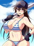  1girl baseball_bat baseball_cap bikini black_gloves blush breasts brown_eyes brown_hair cleavage gloves hat huge_breasts long_hair megane_man momoe_maria navel ookiku_furikabutte smile string_bikini striped striped_bikini sweat swimsuit 