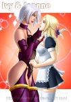 2girls big_breasts blonde_hair blue_eyes breasts eye_contact green_eyes idarkshadowi_(artist) isabella_valentine ivy_valentine jeanne_d'arc_(soul_calibur) lips lipstick long_hair looking_at_another love makeup medium_breasts multiple_girls parted_lips short_hair silver_hair smile soul_calibur standing teeth yuri