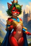 1girl 1girl ai_generated anthro bare_shoulders blue_clothing blue_eyes bottomless bottomless_female canine castle crown cub cute female_focus female_only furry gold_clothing green_hair happy inner_ear_fluff innie_pussy jewelry looking_at_viewer outside pussy queen red_fur royal royalty ruby_(gem) short_hair smaller_female smile stable_diffusion wholesome wolf young younger_female