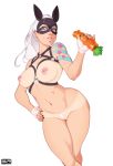 1girl animal_ears areola belly big_breasts bikini_tan black_nails blue_eyes bondage_outfit breasts bunny_ears carrot contrapposto dark_skin dildo ear_piercing fake_animal_ears fingerless_gloves gloves harness high_resolution hoshimiya_kate howler_(owler) kemonomimi_mode landing_strip lip_piercing lips long_hair mask nail_polish navel nipple_bar nipple_piercing nipples nose nude original owler piercing ponytail pubic_hair pussy sekai_seifuku:_bouryaku_no_zvezda sex_toy silver_hair standing stomach tan_line tanned tattoo tied_hair white_hair