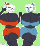 2017 2_girls alternate_version_available big_breasts breast_expansion crossgender cuphead_(character) cuphead_(game) dark-skinned_female dark_skin gender_bender gender_transformation genderswap genderswap_(mtf) huge_breasts lembasisky mugman_(character) nipples sister sisters video_game_character video_game_franchise