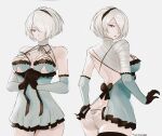 1girl :o alluring ass bandaged_arm bandages black_gloves black_headband blue_eyes blue_gloves breasts cosplay eyebrows gloves headband kaine_(nier)_(cosplay) medium_breasts mole mole_under_mouth nier:_automata nier_(series) own_hands_together revealing_clothes simple_background tommy_(kingdukeee) trait_connection two-tone_gloves white_background yorha_no._2_type_b