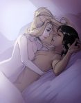  1girl 2_girls angela_ziegler arm_support black_hair blonde breasts dark_skin dutch_angle eye_contact fareeha_amari interracial kitsunebi-x long_hair lying mercy_(overwatch) multiple_girls nipples nude on_back overwatch pharah_(overwatch) ponytail smile tied_hair yuri 