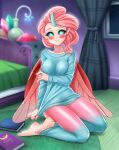  1girl anthro anthrofied barefoot bed bedroom blush books changeling clothed female female_only friendship_is_magic horn horned_humanization humanized indoors kneeling looking_at_viewer my_little_pony ocellus ocellus_(mlp) on_knees racoonkun solo winged_humanization wings 