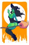 1girl 2017 black_hair blue_eyes boots broom broomstick bubble_butt dress dress_lift flying gloves going_commando green_skin halloween hat long_hair no_panties shiny shiny_skin witch witch_hat