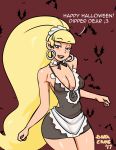 1_girl 1girl 2017 blonde blonde_hair blue_eyes darkeros earrings female female_human female_only gravity_falls halloween hoop_earrings long_blonde_hair long_hair looking_at_viewer maid maid_apron maid_headdress maid_outfit pacifica_northwest see-through solo