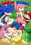 amy_rose bbmbbf big_breasts blonde_hair blue_eye blue_gemstone comic cover_page crown curvaceous dress earrings female headwear high_heels jewelry long_hair mario mario_&_sonic_(comic) mario_(series) mario_bros mobius_unleashed nail_polish nintendo palcomix pink_dress princess princess_peach sega sleeveless sleeveless_dress sonic_(series) sonic_the_hedgehog sonic_the_hedgehog_(series) strapless_dress super_mario_bros. thick_thighs thighs video_game_character video_game_franchise voluptuous white_gloves white_leggings wide_hips