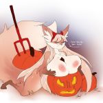 1girl 1girl anthro big_breasts breasts canine dialogue english_text eyewear food fruit furry glasses kneel looking_at_viewer mammal nude pumpkin sketch smile suggestive text voluptuous yogoat