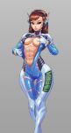 1girl 1girl abs areola areolae_slip blue_bodysuit bodysuit breast_press breasts brown_eyes brown_hair cutesexyrobutts d.va gradient_background long_hair looking_at_viewer navel open_bodysuit open_clothes overwatch thigh_gap unzipped wide_hips zipper