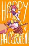 1girl 2017 boots breasts broom broomstick dress dress_lift flying frilly_panties gloves halloween hat panties pantyshot red_hair sexy shiny short_hair stockings striped witch witch_hat yellow_panties