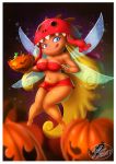  1girl 2017 blonde_hair blue_eyes breasts candy edith_up fernando_faria_(artist) flying food freckles halloween jack-o&#039;-lantern long_hair nymph pumpkin rayman rayman_origins sexy shiny shiny_skin skirt smile wide_hips wings 