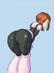 1girl ass bent_over blue_background blush_stickers bodysuit boku_no_hero_academia brown_hair cutesexyrobutts embarrassed high_res hips huge_ass large_ass looking_at_viewer looking_back my_hero_academia ochako_uraraka simple_background standing thick_thighs thighs uraraka_ochako wide_hips