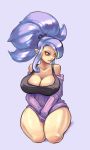 1girl amelia_(bard-bot) bare_shoulders blue_hair cleavage cutesexyrobutts huge_breasts looking_at_viewer original_character seiza shiny shiny_skin sitting thick_thighs thighs