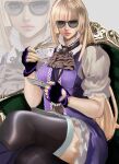 1girl 1girl bandai_namco blonde blonde_hair breasts chair cup dress drinking emilie_de_rochefort fingerless_gloves glasses gloves kittymiya lili lili_(tekken) lili_rochefort namco namco_bandai short_sleeves sitting tekken tekken_8 twitter victor_chevalier victor_chevalier_(cosplay)