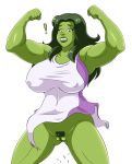 ! 1girl big_breasts breasts embarrassed embarrassing female_only flexing glassfish green_eyes green_hair green_lipstick green_skin jennifer_walters leotard marvel marvel_comics muscle pubic_hair pussy she-hulk shiny shiny_skin superheroine wardrobe_malfunction