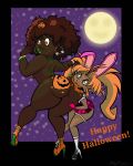 1girl 2017 2_girls afro bikini bite biting biting_ass bodypaint bracelet breasts brown_eyes brown_hair bunny_ears earrings elf female_only fingerless_gloves full_moon funny gloves green_eyes green_lipstick halloween happy_halloween high_heel human jack-o'-lantern moon multiple_girls orange_hair paint pointy_ears prank pumpkin school_uniform shiny shiny_skin skull thong wide_hips