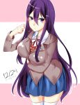 1girl arm_under_breasts bangs big_breasts blazer blush breasts doki_doki_literature_club hair_ornament hairclip large_breasts long_hair looking_at_viewer purple_eyes purple_hair school_uniform skirt stockings yuri_(doki_doki_literature_club) zettai_ryouiki