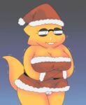 1girl 2d 2d_(artwork) adorable alphys alternate_costume anthro anthro_only aruput aruput_ut belly breasts buckteeth christmas chubby chubby_anthro chubby_belly chubby_female cleavage cold cowboy_shot cute digital_media_(artwork) dinosaur dinosaur_girl dress female_anthro female_only glasses gradient_background grey_background half-closed_eyes lizard lizard_girl lizard_tail monster monster_girl non-mammal_breasts panties partially_clothed partially_clothed_anthro partially_clothed_female reptile reptile_girl reptile_tail runny_nose santa_costume santa_dress santa_hat scalie scalie_female simple_background solo_anthro solo_female tail teeth third-party_source trembling undertale undertale_(series) upskirt video_game_character video_games yellow_body yellow_skin