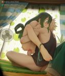  1boy 1girl asui_tsuyu bakugou_katsuki barefoot bartolomeobari clothed_male_nude_female embarrassed girl_on_top green_underwear hetero imminent_sex imminent_vaginal indian_style my_hero_academia panties_around_one_leg shaved_pussy uncensored 