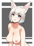 1girl animal_ears azur_lane bangs big_breasts blue_eyes blunt_bangs blush bob_cut breasts clavicle eyebrows_visible_through_hair eyeshadow grey_background high_resolution kaga_(azur_lane) kitsunemimi looking_at_viewer makeup nezuko nipples nude short_hair silver_hair two-tone_background upper_body