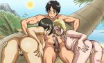 1boy 2_girls annie_leonhart ass attack_on_titan eren_jaeger female madoc male mikasa_ackerman multiple_girls pussy threesome uncensored