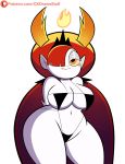 1girl arms_behind_back bedroom_eyes big_breasts bikini black_bikini cleavage codykins123 fangs flame hair_over_one_eye hekapoo insanely_hot long_hair looking_at_viewer navel red_hair star_vs_the_forces_of_evil thick_thighs thighs very_long_hair white_skin wide_hips yellow_eyes