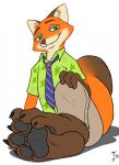  1girl 2015 3_toes anthro canine clothing disney foot_fetish foot_focus fox fur green_eyes hawaiian_shirt high_res looking_at_viewer male mammal neck_tie nick_wilde pawpads paws red_fur shirt sitting smile smirk toepad toepads toes zootopia zp92 